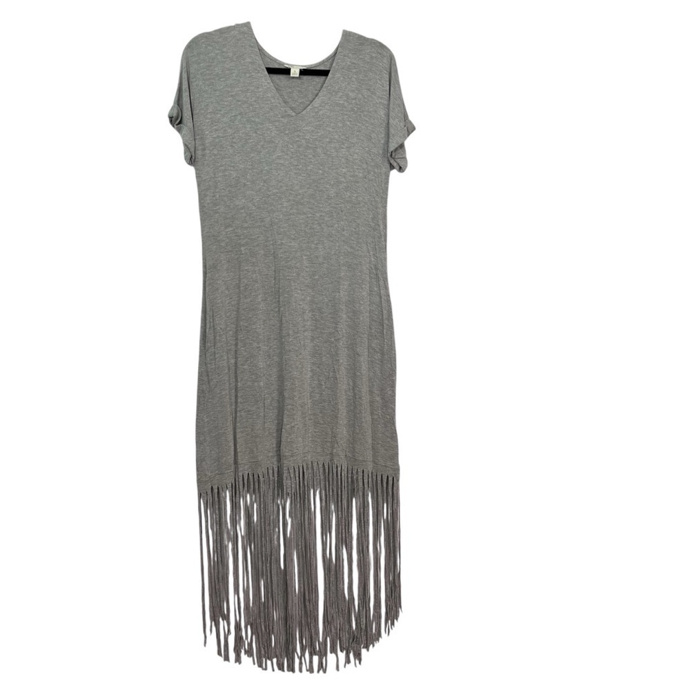 Grey Jersey Material V Neck Short Sleeve Fringe Tassel Bottom Dress Sz Small